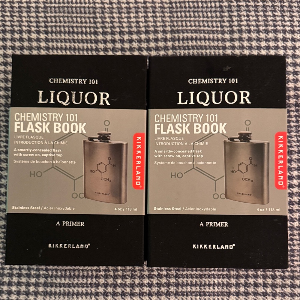 NWT/Set of 2/Kikkerland Chemistry 101 Liquor Flask Book - Black and Silver